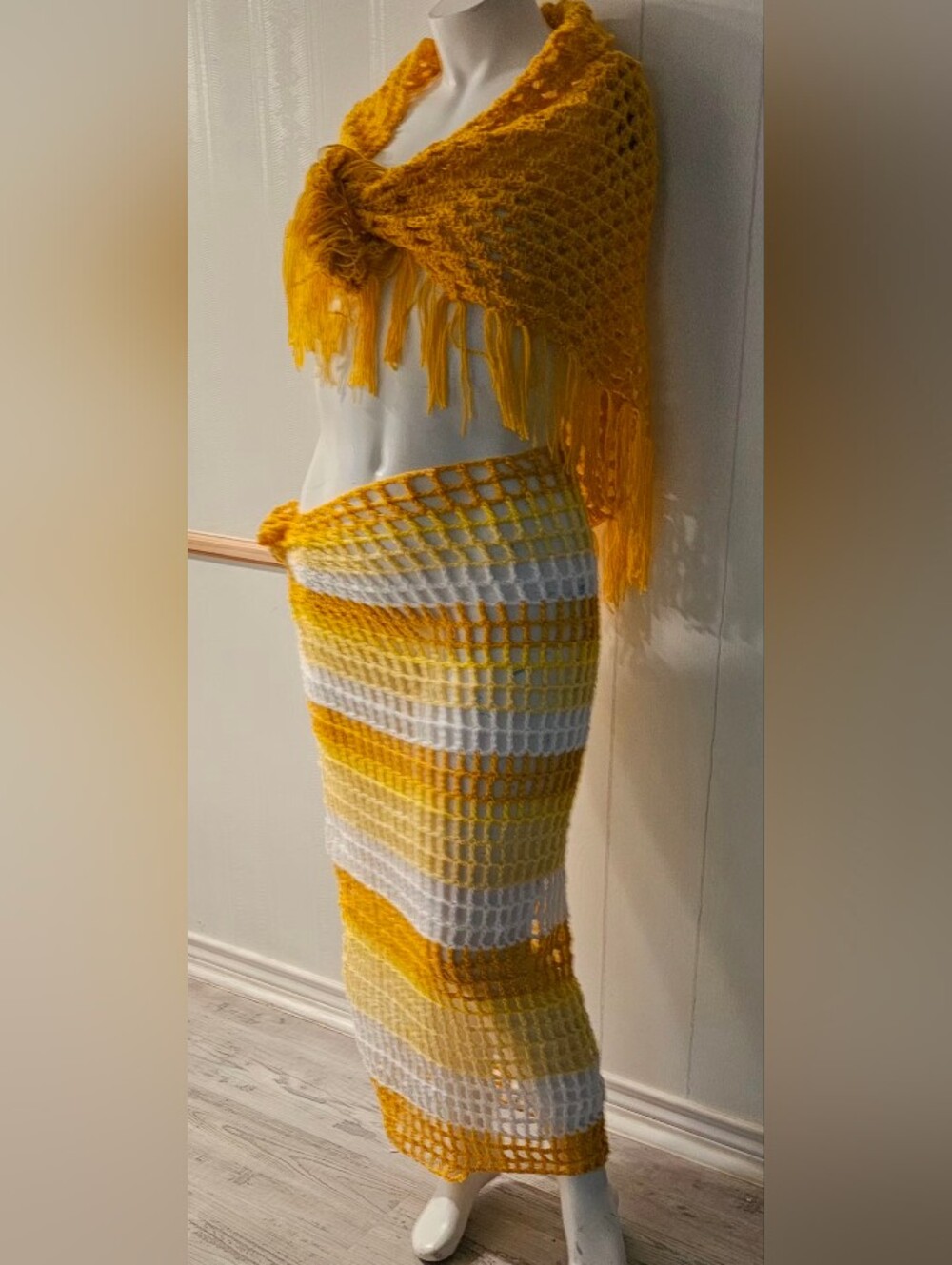 NEW Handmade Fringe Crochet Swim Coverup Shoulder Wrap Shawl Solid Gold Fits S-L